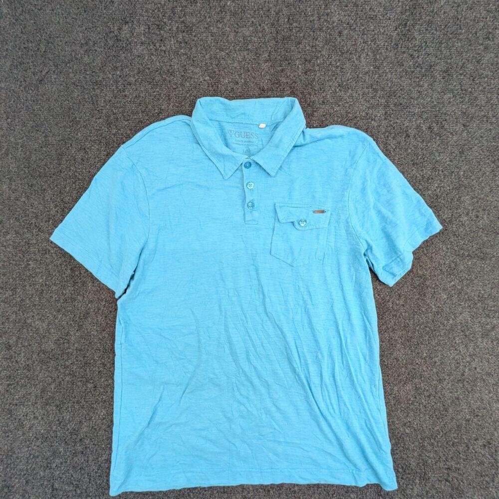 Guess Polo Shirt Mens L Blue Golf Short Sleeve Collared Button Front Sports Top